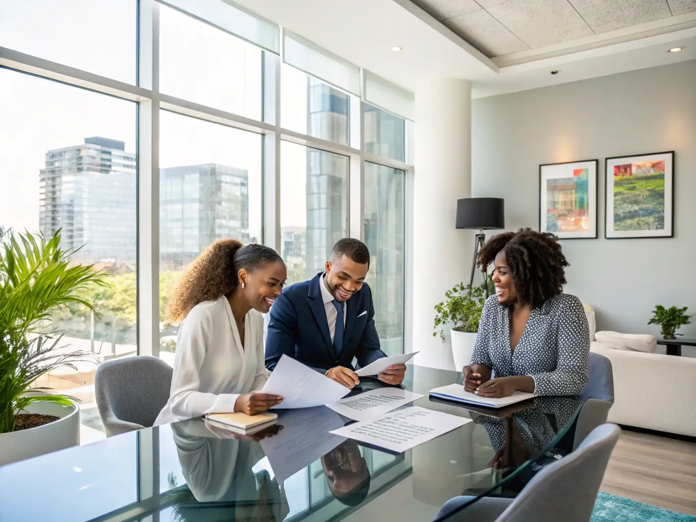 A group of diverse investors reviewing property documents in a modern office setting, symbolizing collaboration and informed decision-making.